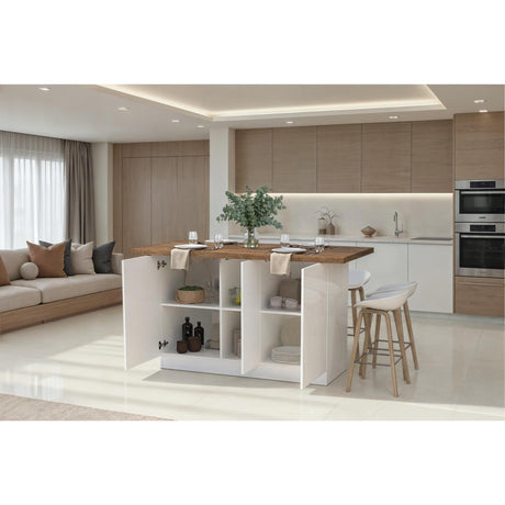 Fiora 160x80cm White Gloss Kitchen Island Breakfast Bar with Mercure Oak Top & Storage - FurniComp