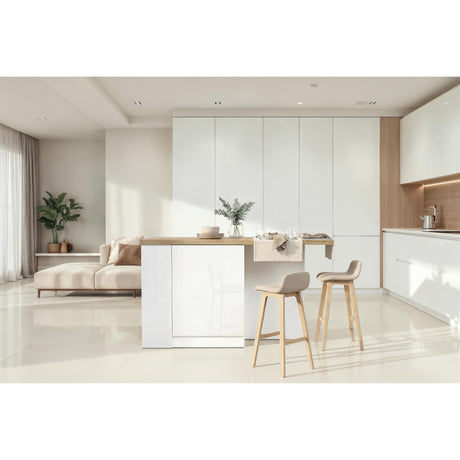 Fiora 160x80cm White Gloss Kitchen Island Breakfast Bar with Oak Top Shelving & Storage - FurniComp