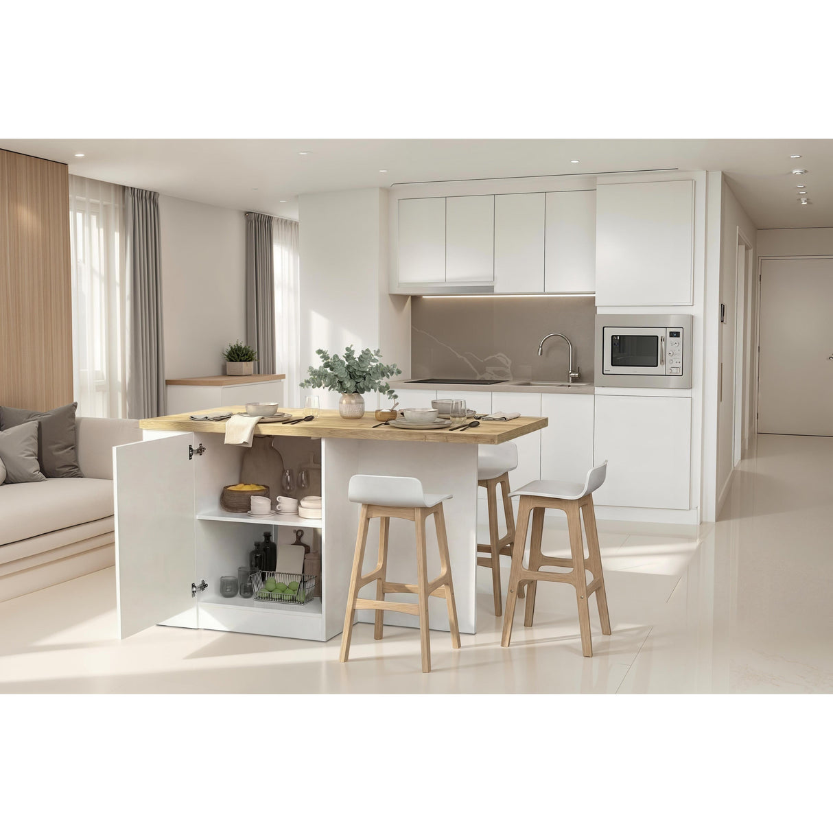 Fiora 160x80cm White Gloss Kitchen Island Breakfast Bar with Oak Top Shelving & Storage - FurniComp