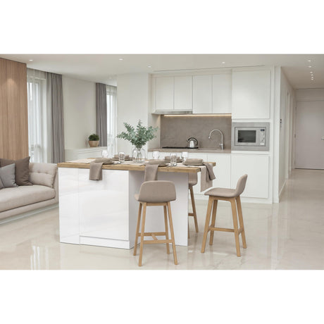 Fiora 160x80cm White Gloss Kitchen Island Breakfast Bar with Oak Top Shelving & Storage - FurniComp