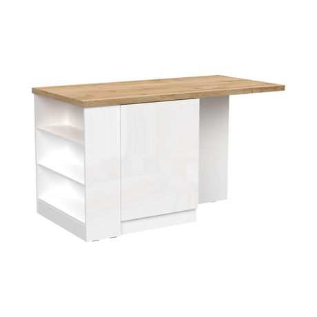 Fiora 160x80cm White Gloss Kitchen Island Breakfast Bar with Oak Top Shelving & Storage - FurniComp
