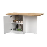 Fiora 160x80cm White Gloss Kitchen Island Breakfast Bar with Oak Top Shelving & Storage - FurniComp