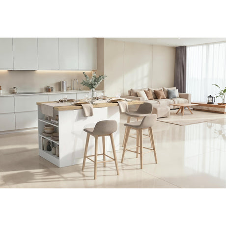 Fiora 160x80cm White Gloss Kitchen Island Breakfast Bar with Oak Top Shelving & Storage - FurniComp