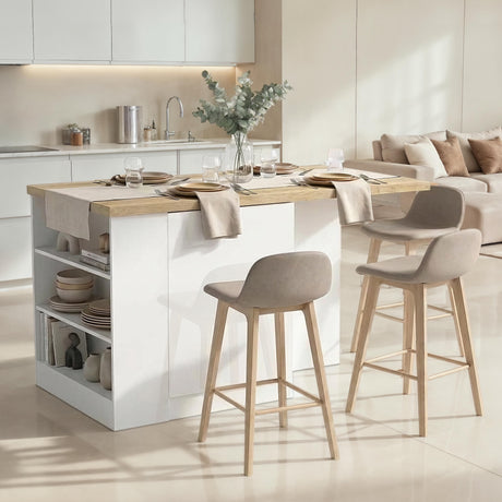 Fiora 160x80cm White Gloss Kitchen Island Breakfast Bar with Oak Top Shelving & Storage - FurniComp