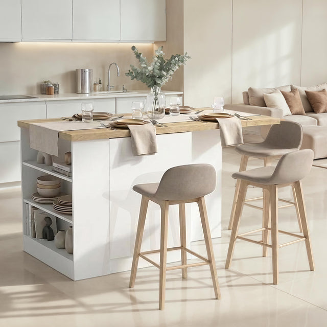 Fiora 160x80cm White Gloss Kitchen Island Breakfast Bar with Oak Top Shelving & Storage - FurniComp