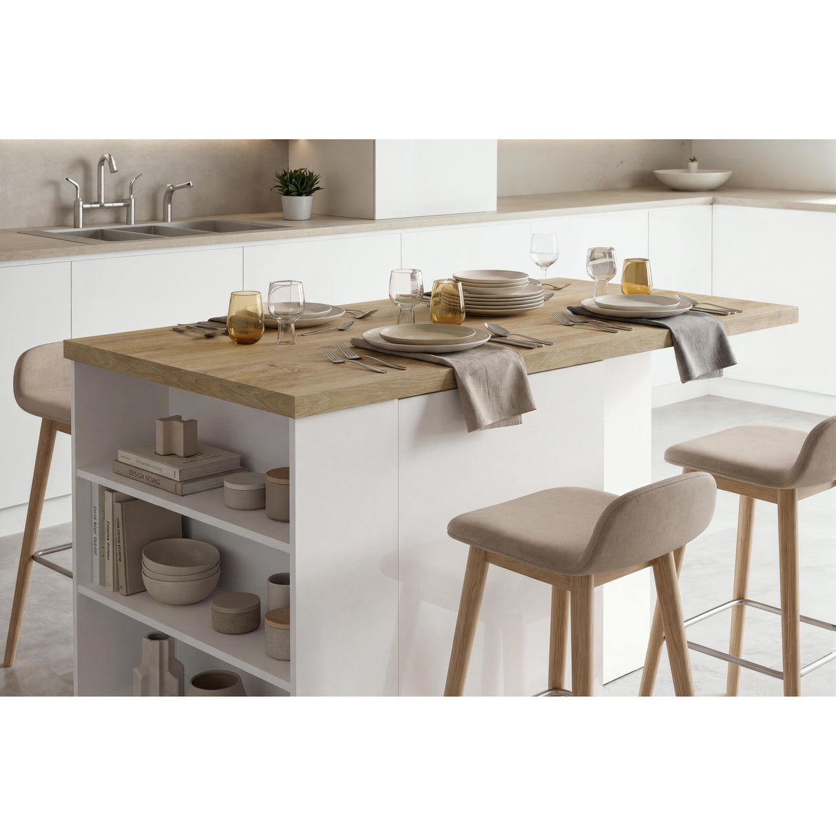 Fiora 160x80cm White Gloss Kitchen Island Breakfast Bar with Oak Top Shelving & Storage - FurniComp