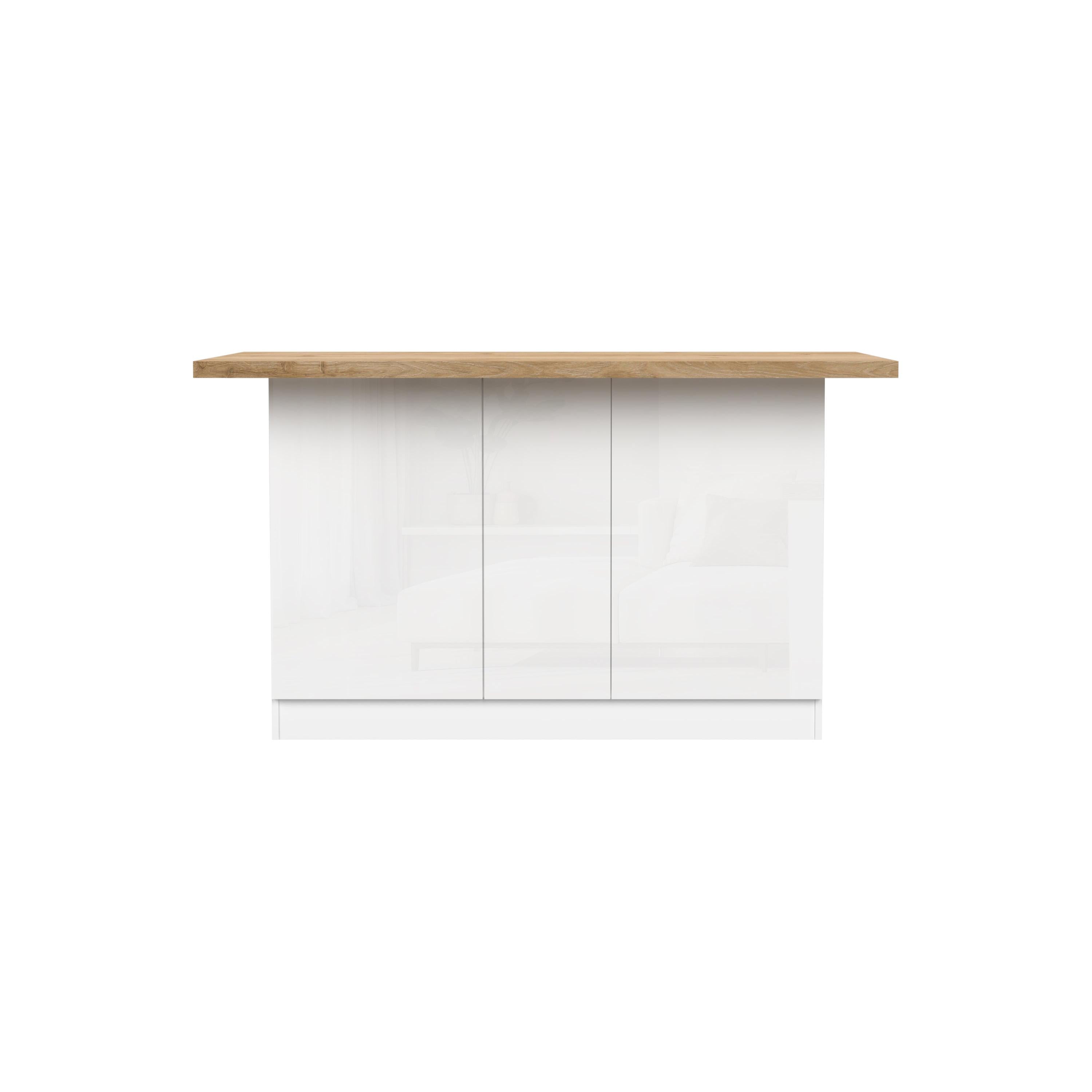 Fiora 160x80cm White Gloss Kitchen Island Breakfast Bar with Oak Top & Storage - FurniComp