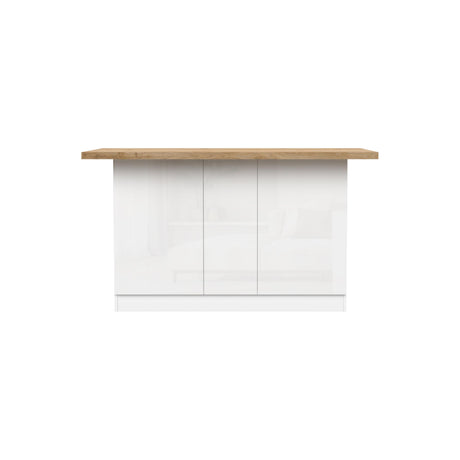 Fiora 160x80cm White Gloss Kitchen Island Breakfast Bar with Oak Top & Storage - FurniComp