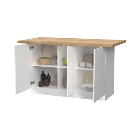 Fiora 160x80cm White Gloss Kitchen Island Breakfast Bar with Oak Top & Storage - FurniComp