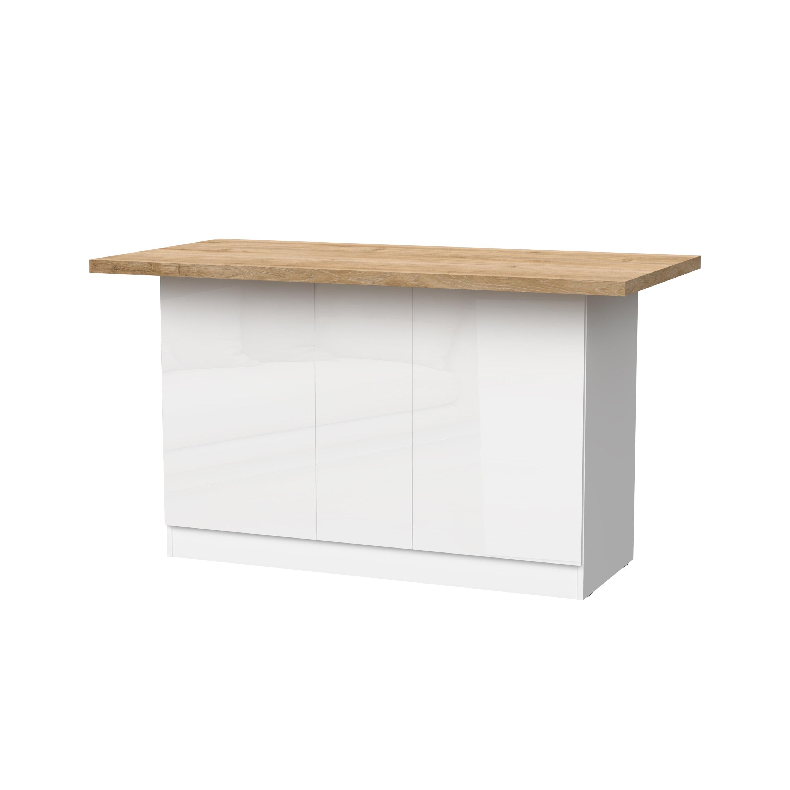 Fiora 160x80cm White Gloss Kitchen Island Breakfast Bar with Oak Top & Storage - FurniComp