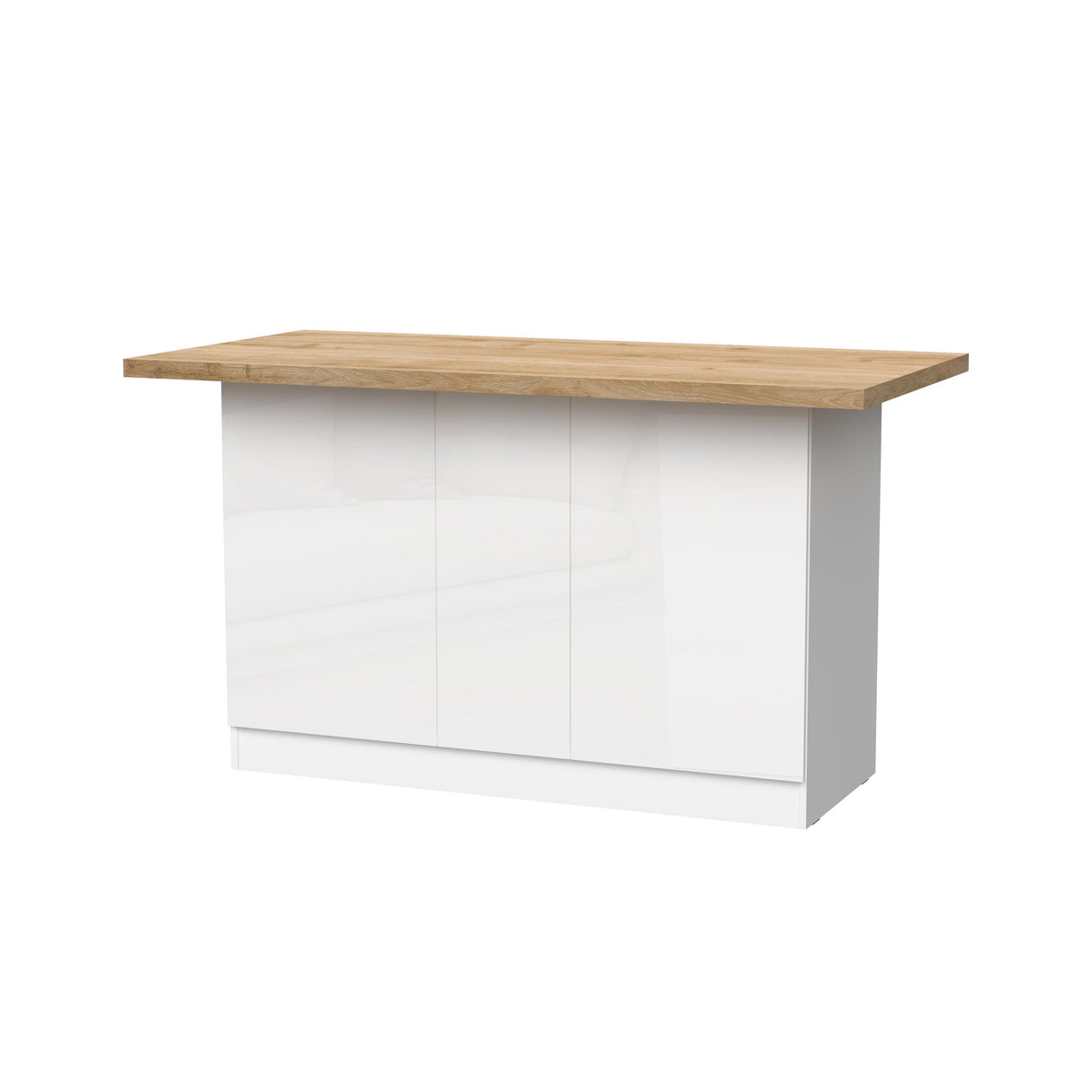 Fiora 160x80cm White Gloss Kitchen Island Breakfast Bar with Oak Top & Storage - FurniComp
