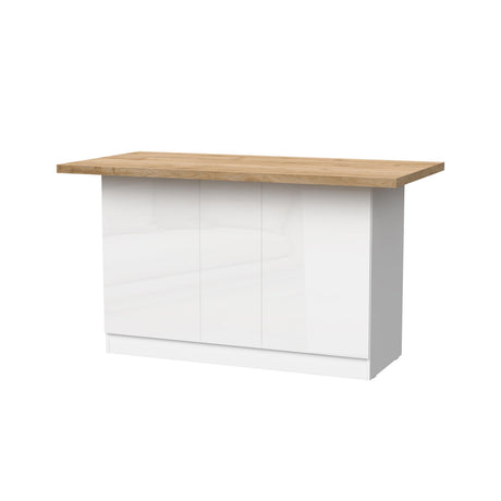 Fiora 160x80cm White Gloss Kitchen Island Breakfast Bar with Oak Top & Storage - FurniComp