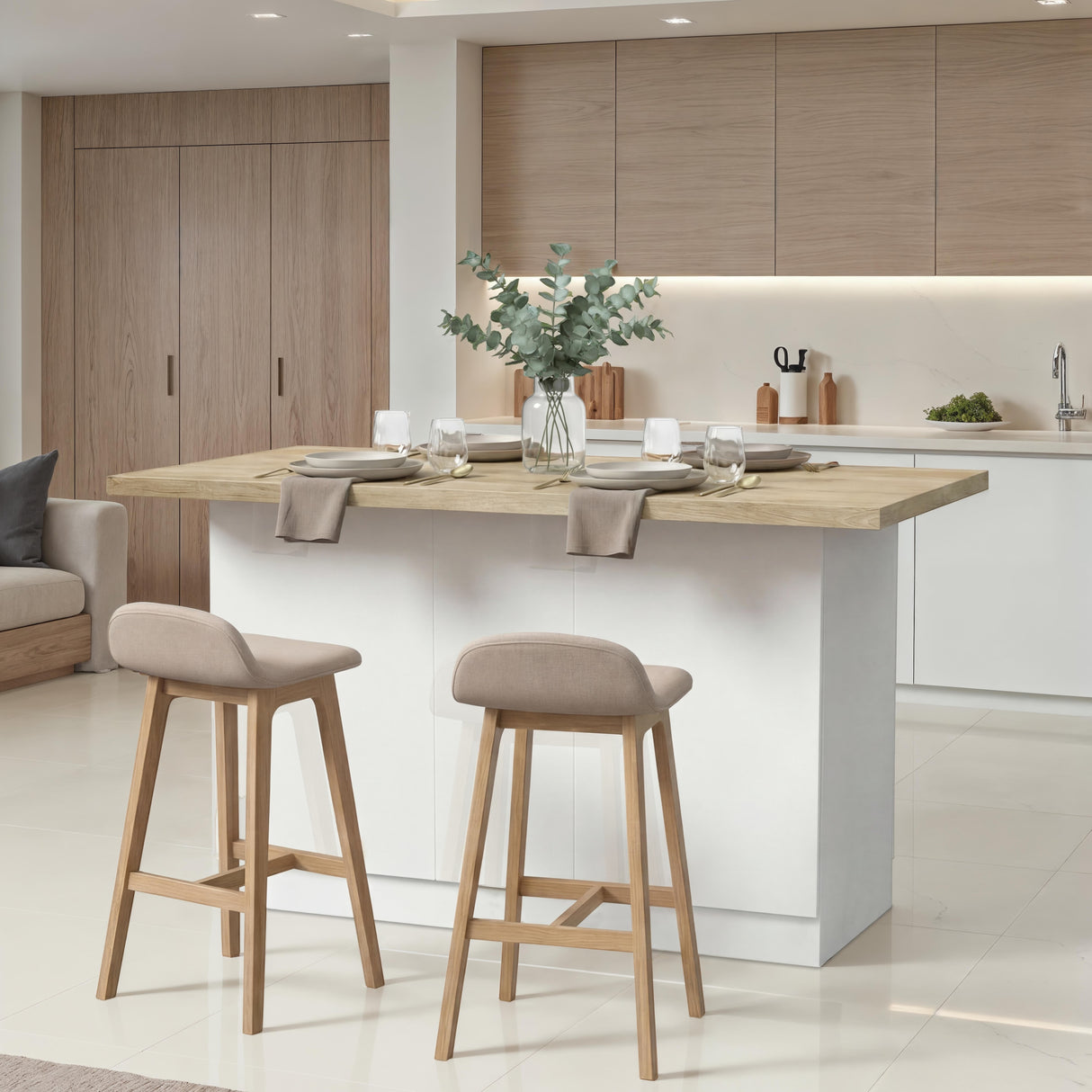 Fiora 160x80cm White Gloss Kitchen Island Breakfast Bar with Oak Top & Storage - FurniComp