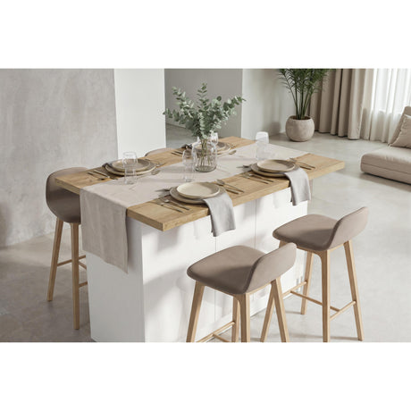 Fiora 160x80cm White Gloss Kitchen Island Breakfast Bar with Oak Top & Storage - FurniComp