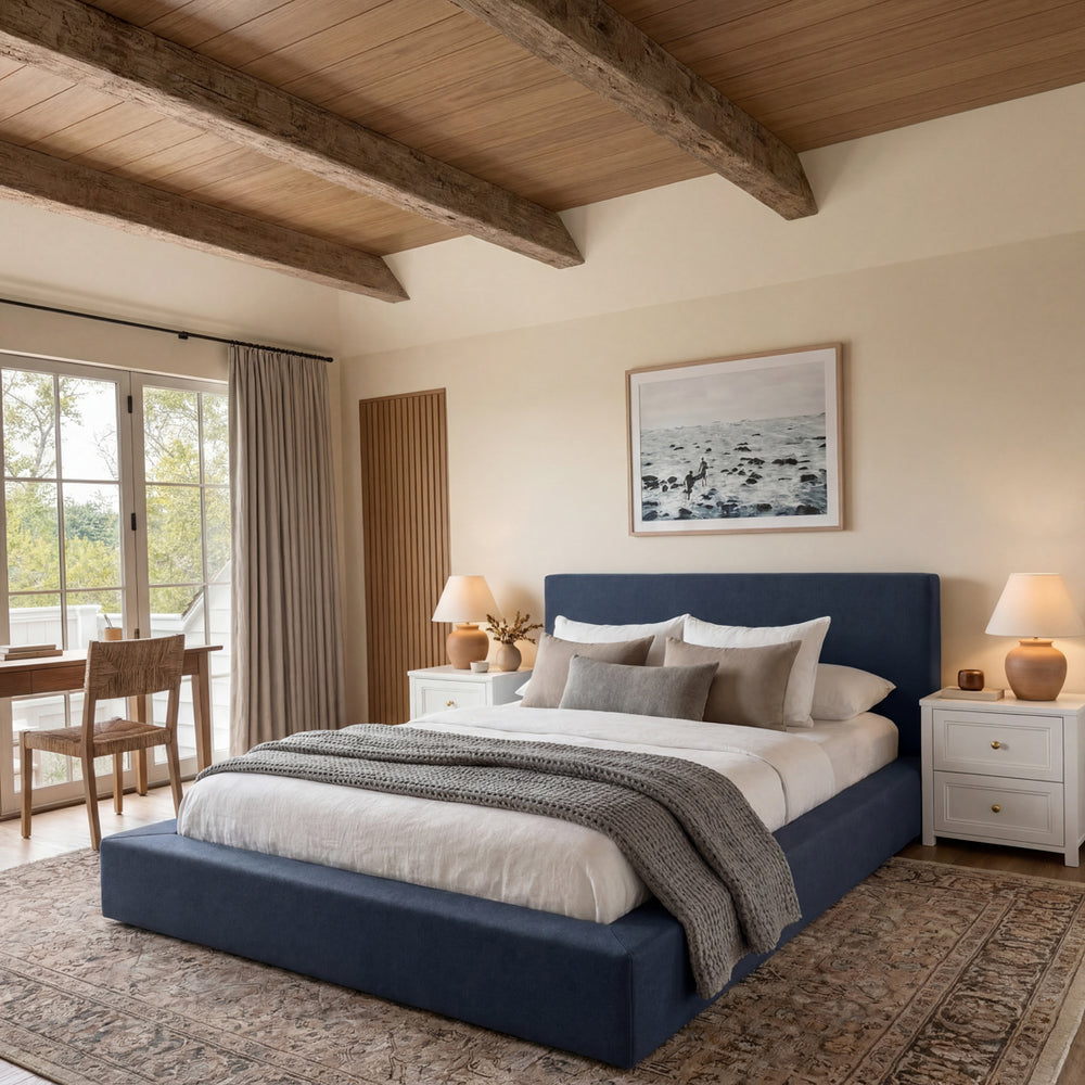 Flora Ink Blue Fabric Bed Frame - FurniComp