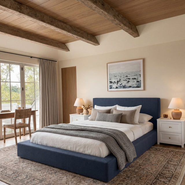 Flora Ink Blue Fabric Bed Frame - FurniComp