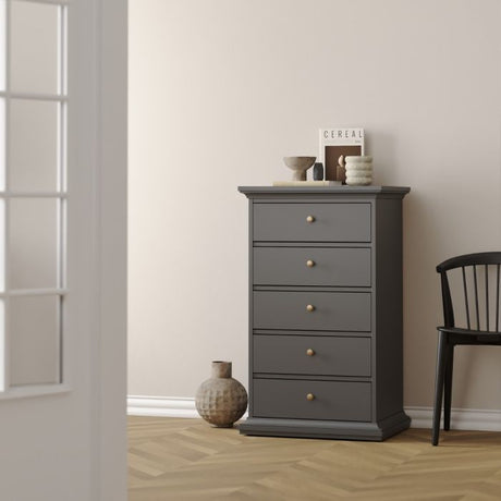 Geneva 60cm 5 Drawer Tall Chest of Drawer-Grey - FurniComp
