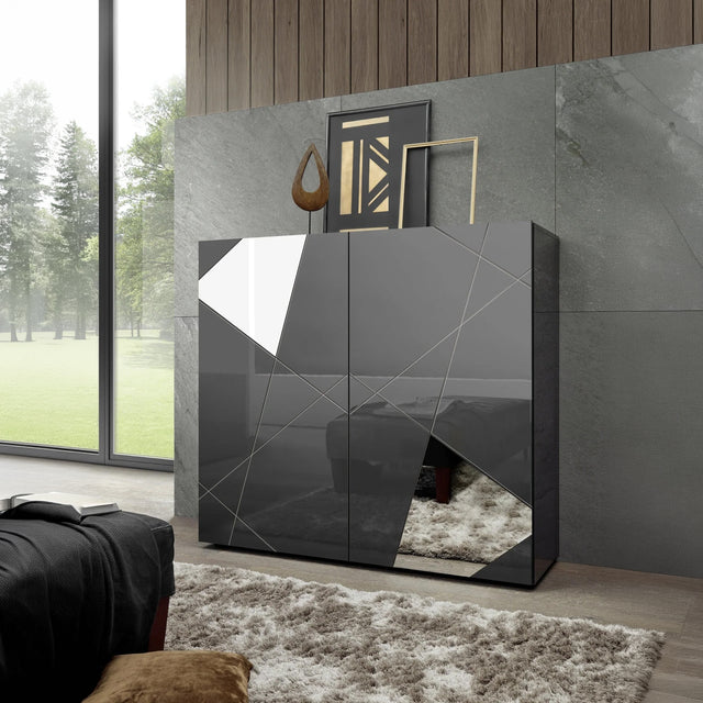 Giulia 2 Door Grey Gloss Tall Sideboard/Highboard with Mirrors - FurniComp