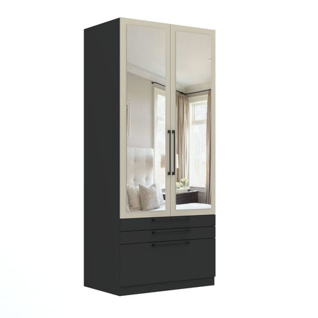 Harley 2 Door 3 Drawer 90cm Mirrored Wardrobe - Cashmere & Anthracite Grey - FurniComp