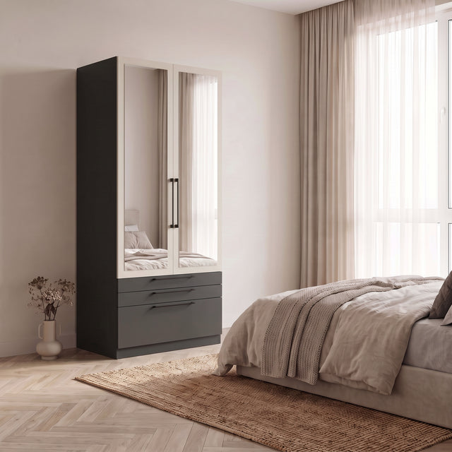 Harley 2 Door 3 Drawer 90cm Mirrored Wardrobe - Cashmere & Anthracite Grey - FurniComp