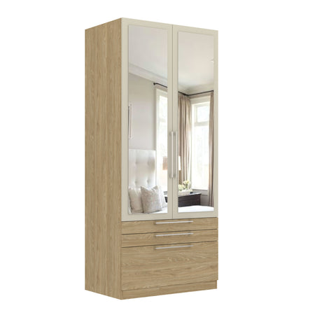 Harley 2 Door 3 Drawer 90cm Mirrored Wardrobe - Cashmere & Oak - FurniComp