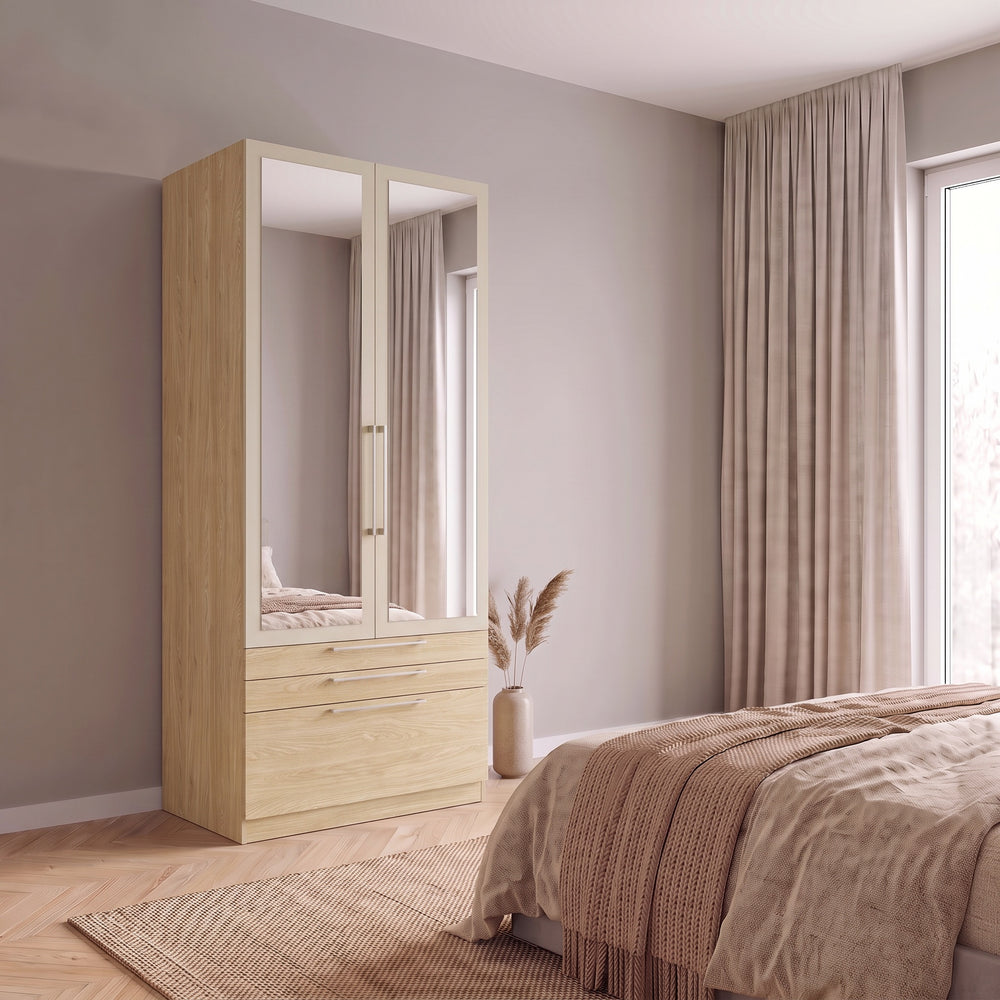 Harley 2 Door 3 Drawer 90cm Mirrored Wardrobe - Cashmere & Oak - FurniComp