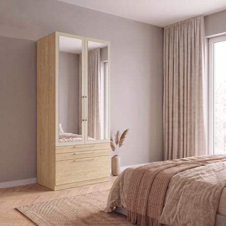 Harley 2 Door 3 Drawer 90cm Mirrored Wardrobe - Cashmere & Oak - FurniComp