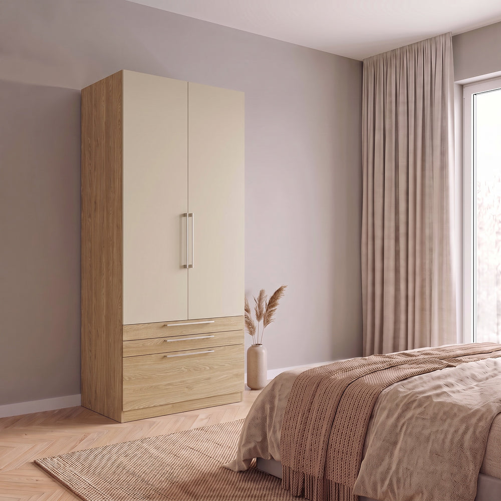 Harley 2 Door 3 Drawer 90cm Wardrobe - Cashmere & Oak - FurniComp