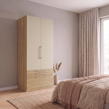 Harley 2 Door 3 Drawer 90cm Wardrobe - Cashmere & Oak - FurniComp