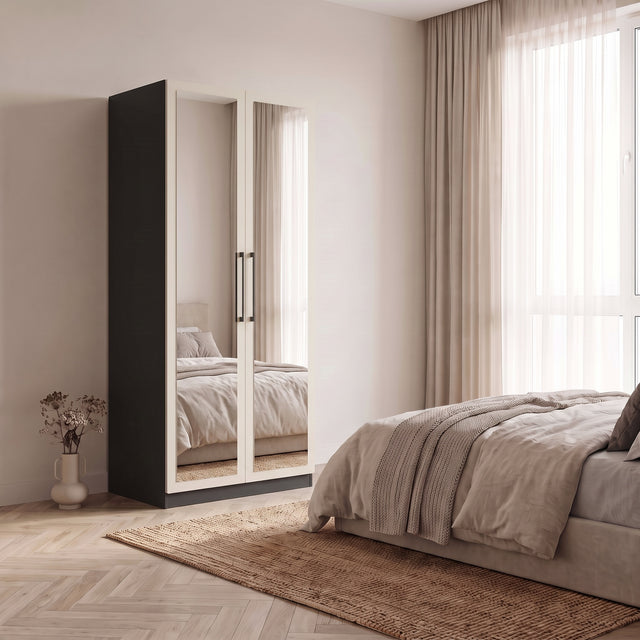 Harley 2 Door 90cm Full Mirrored Wardrobe - Cashmere & Anthracite Grey - FurniComp