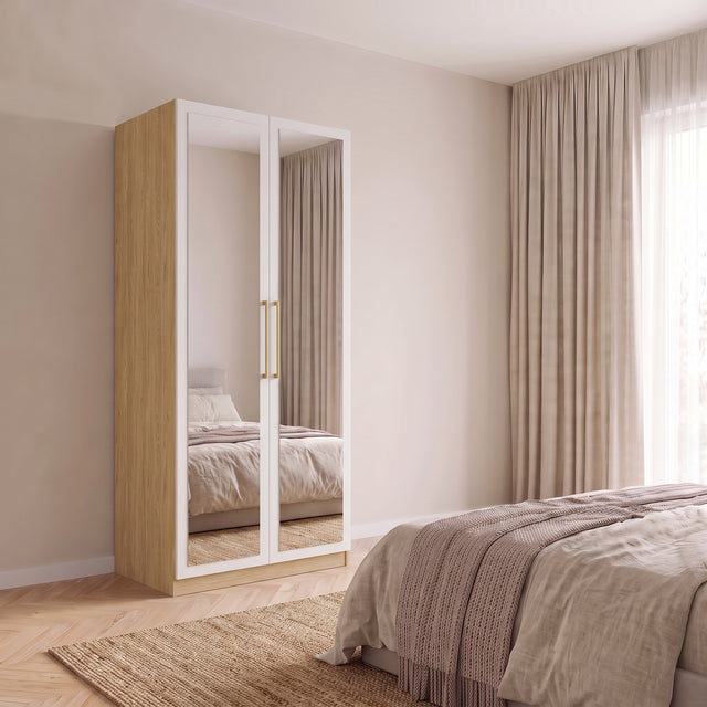 Harley 2 Door 90cm Full Mirrored Wardrobe - Cashmere & Oak - FurniComp