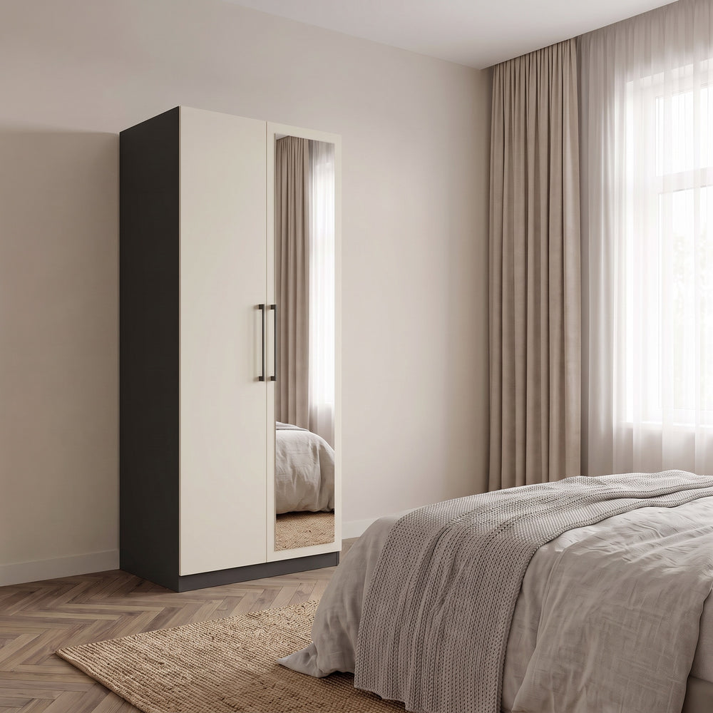 Harley 2 Door 90cm Mirrored Wardrobe - Cashmere & Anthracite Grey - FurniComp