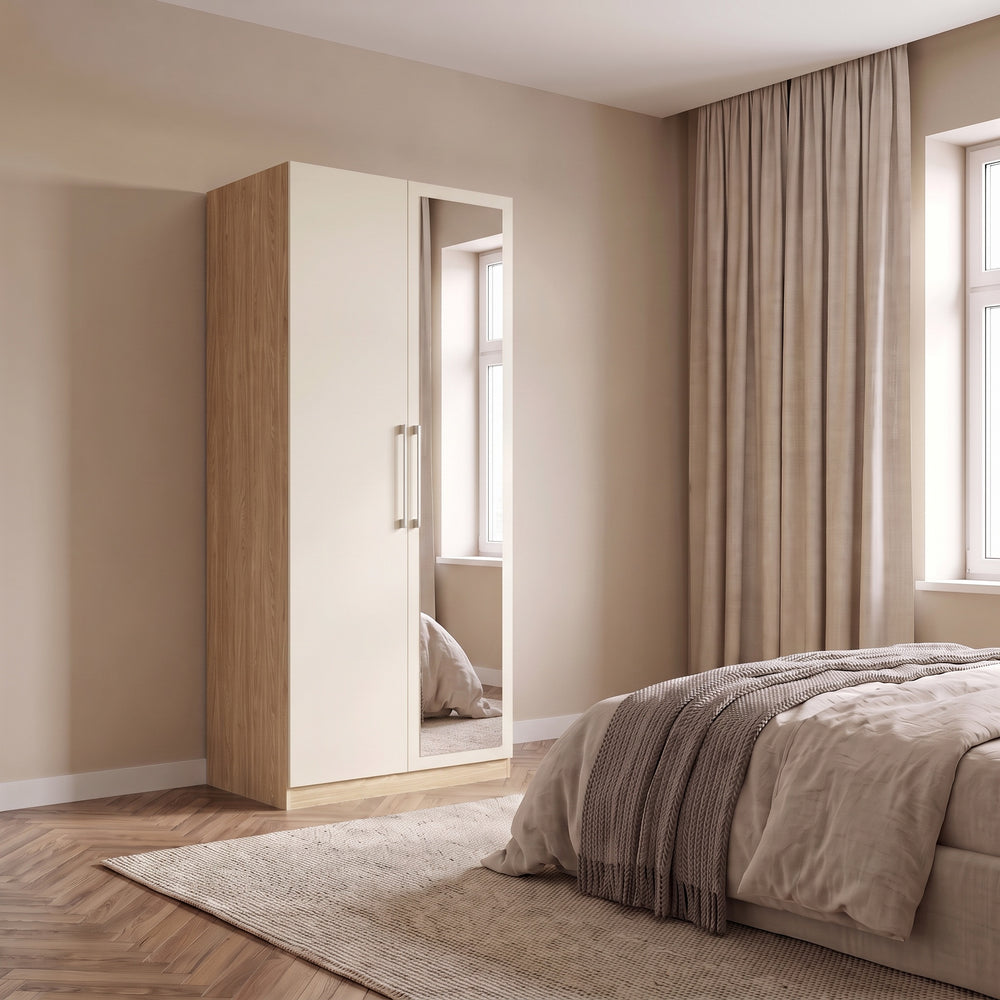 Harley 2 Door 90cm Mirrored Wardrobe - Cashmere & Oak - FurniComp