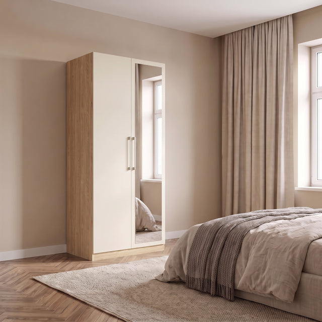 Harley 2 Door 90cm Mirrored Wardrobe - Cashmere & Oak - FurniComp