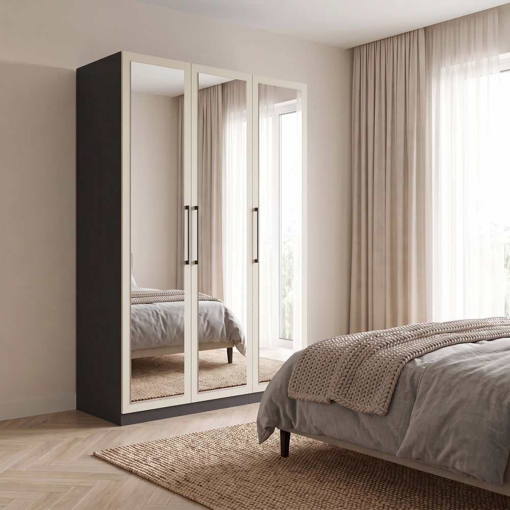 Harley 3 Door 140cm Full Mirrored Wardrobe - Cashmere & Anthracite Grey - FurniComp