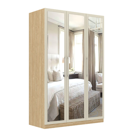 Harley 3 Door 140cm Full Mirrored Wardrobe - Cashmere & Oak - FurniComp