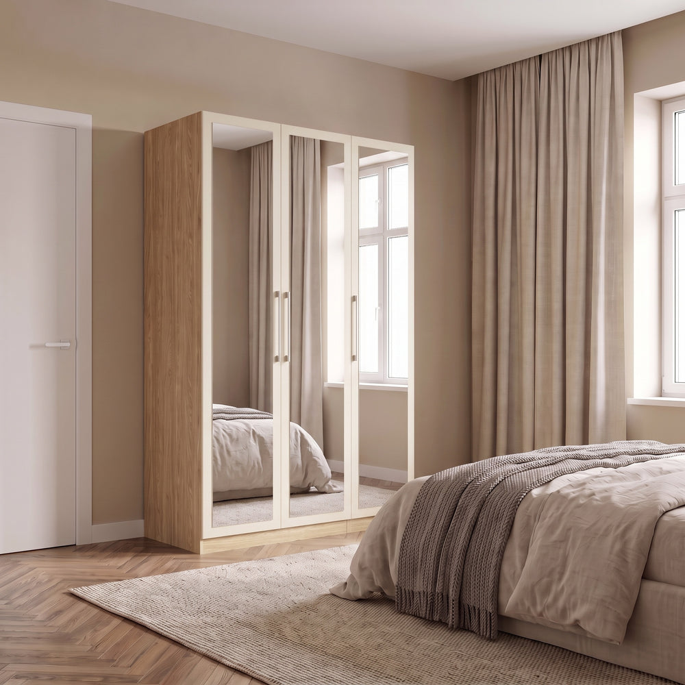 Harley 3 Door 140cm Full Mirrored Wardrobe - Cashmere & Oak - FurniComp