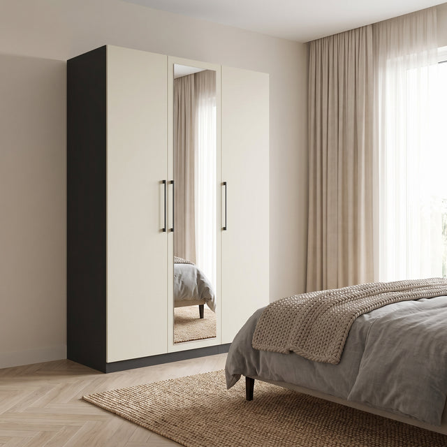 Harley 3 Door 140cm Mirrored Wardrobe - Cashmere & Anthracite Grey - FurniComp