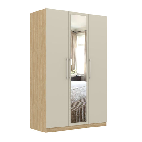 Harley 3 Door 140cm Mirrored Wardrobe - Cashmere & Oak - FurniComp