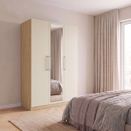 Harley 3 Door 140cm Mirrored Wardrobe - Cashmere & Oak - FurniComp