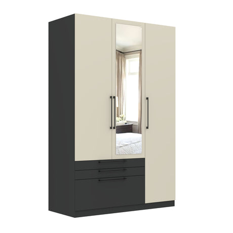 Harley 3 Door 3 Drawer 140cm Mirrored Wardrobe - Cashmere & Anthracite Grey - FurniComp