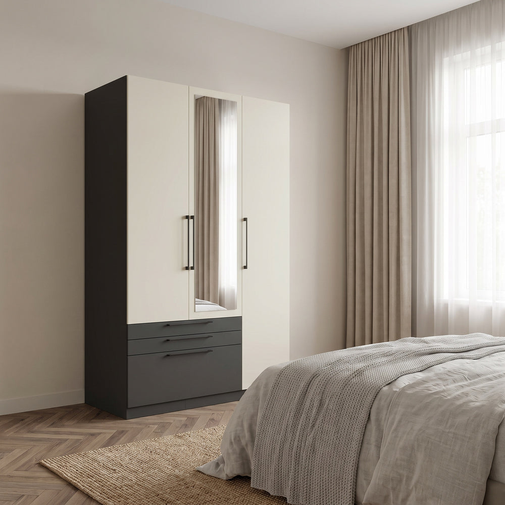Harley 3 Door 3 Drawer 140cm Mirrored Wardrobe - Cashmere & Anthracite Grey - FurniComp
