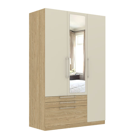 Harley 3 Door 3 Drawer 140cm Mirrored Wardrobe - Cashmere & Oak - FurniComp