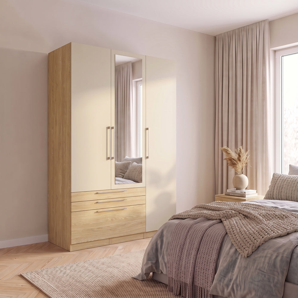 Harley 3 Door 3 Drawer 140cm Mirrored Wardrobe - Cashmere & Oak - FurniComp