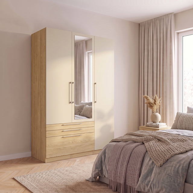 Harley 3 Door 3 Drawer 140cm Mirrored Wardrobe - Cashmere & Oak - FurniComp