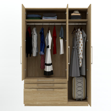 Harley 3 Door 3 Drawer 140cm Mirrored Wardrobe - Cashmere & Oak - FurniComp