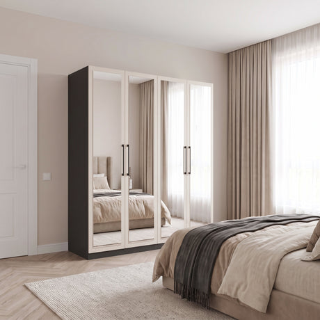Harley 4 Door 180cm Full Mirrored Wardrobe - Cashmere & Anthracite Grey - FurniComp
