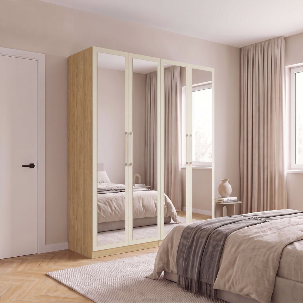Harley 4 Door 180cm Full Mirrored Wardrobe - Cashmere & Oak - FurniComp