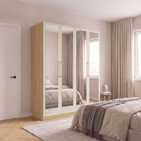 Harley 4 Door 180cm Full Mirrored Wardrobe - Cashmere & Oak - FurniComp