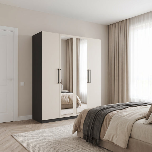 Harley 4 Door 180cm Mirrored Wardrobe - Cashmere & Anthracite Grey - FurniComp